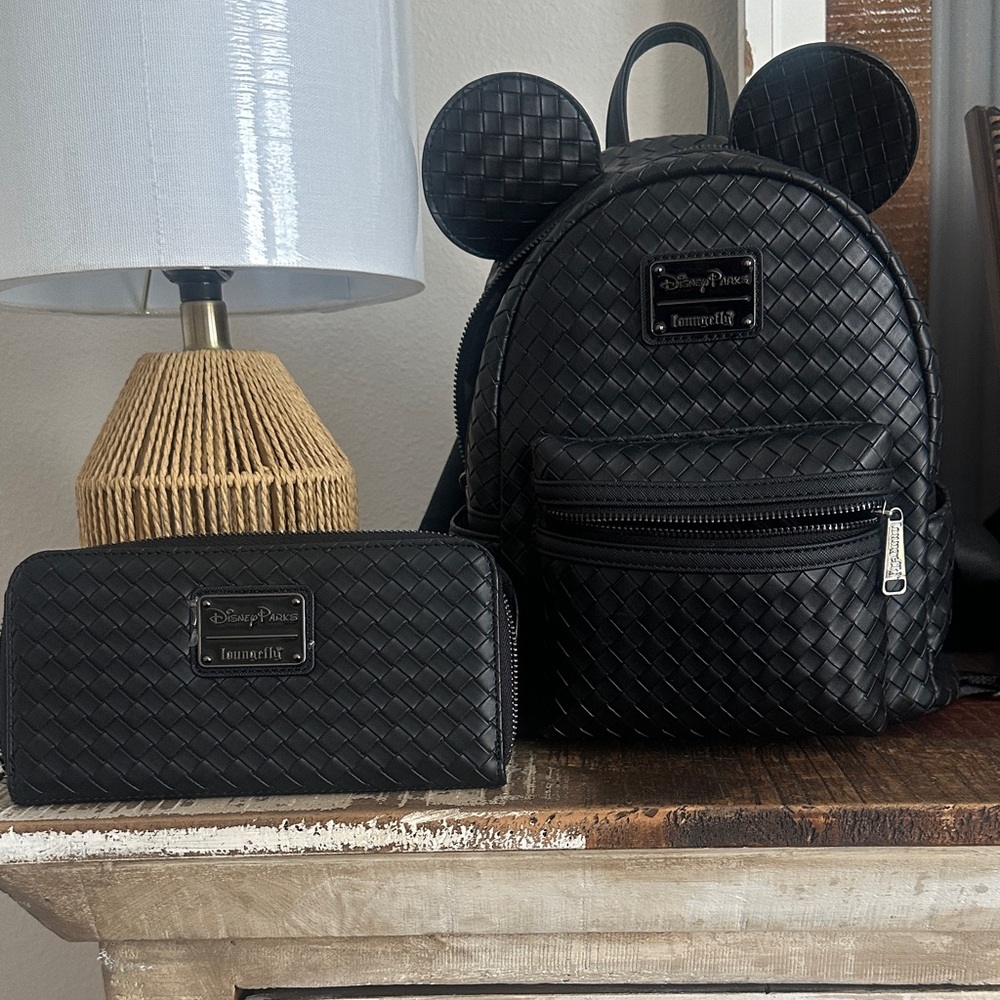 Disney Loungefly Black Woven Mickey Ear Mini Backpack & Zip Wallet